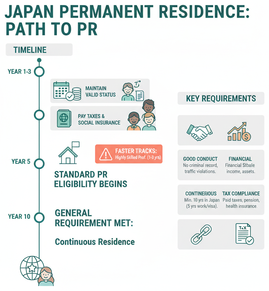 Timeline showing the path to permanent residence in Japan