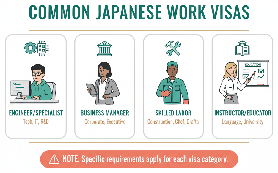 Illustration of different work visa categories in Japan