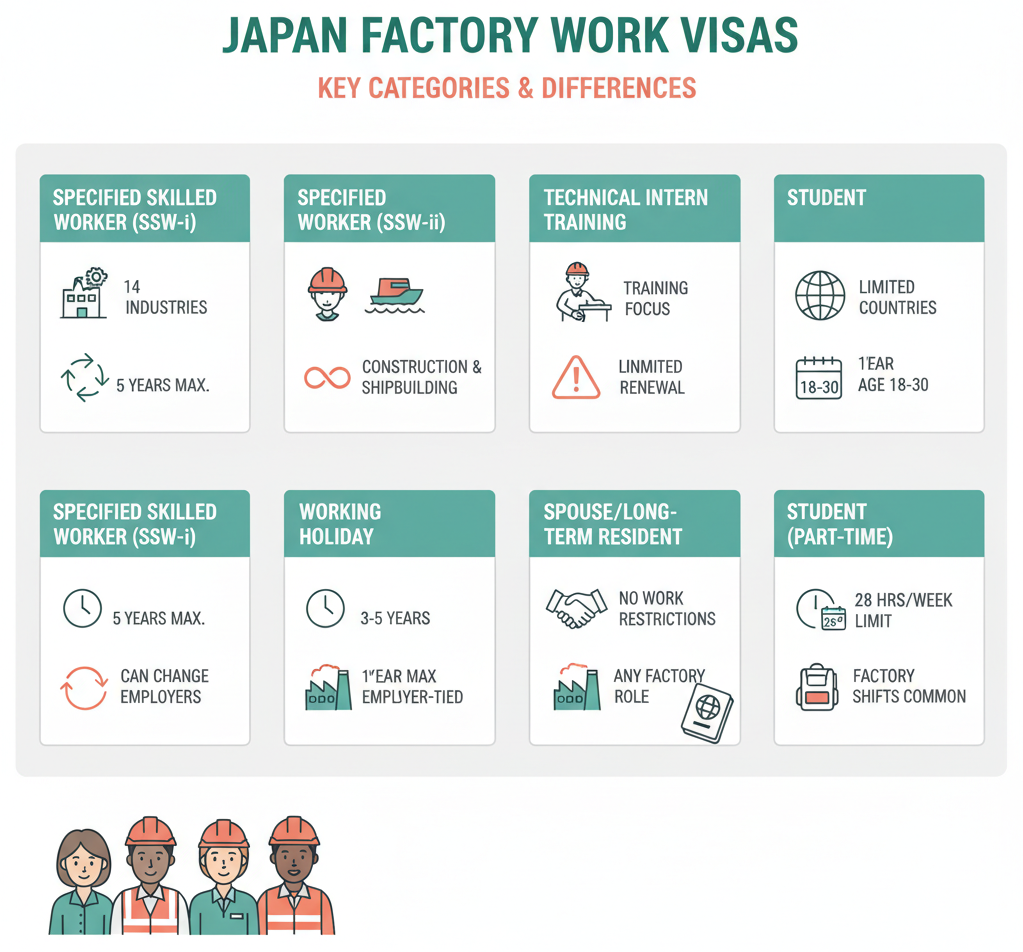 Comparison chart of visa types that allow factory work in Japan