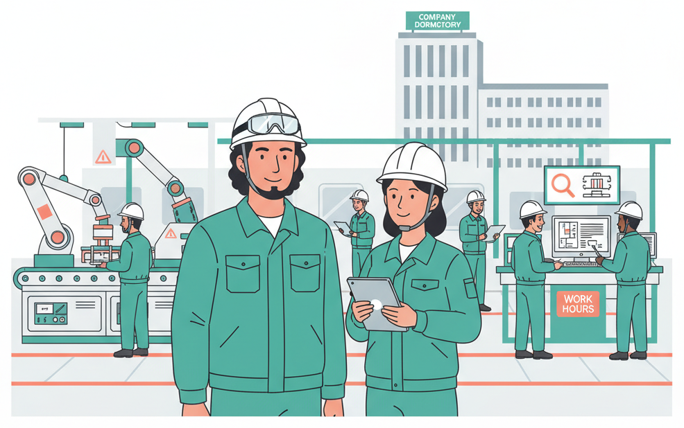 Foreign workers in safety gear on a modern Japanese factory floor