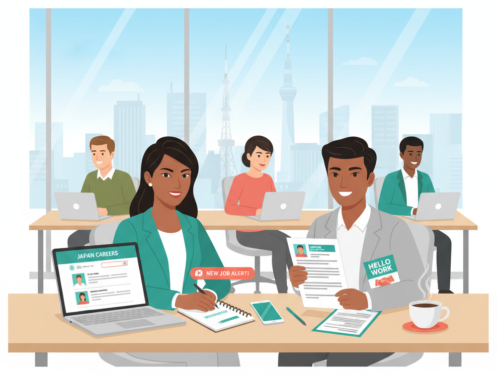 外国居民在共享办公空间中积极使用笔记本电脑和简历寻找工作