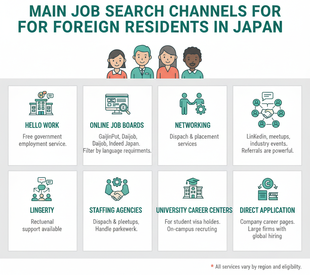 信息图展示外国居民在日本的六个主要求职渠道