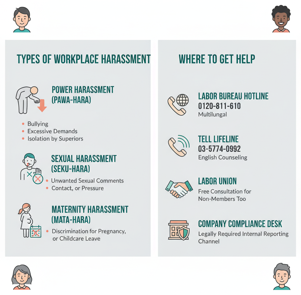 信息图显示日本的三种职场骚扰类型和四个帮助资源
