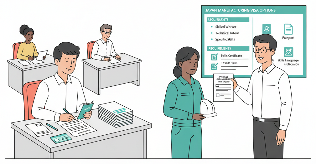 Foreign workers reviewing manufacturing visa documents with an immigration advisor