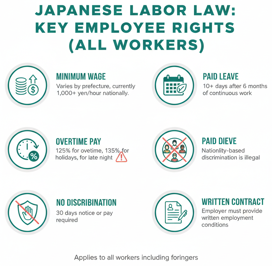 Infographic listing key employee rights under Japanese labor law