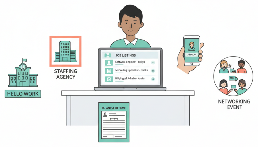 Person searching for jobs using multiple channels including Hello Work and online platforms