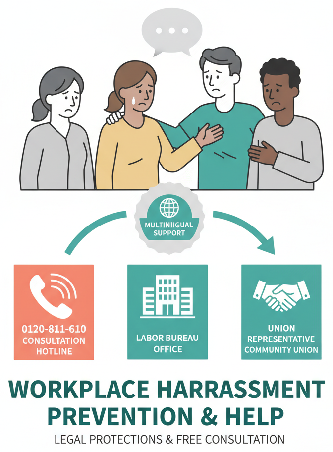Illustration showing harassment support resources including hotlines and labor bureaus