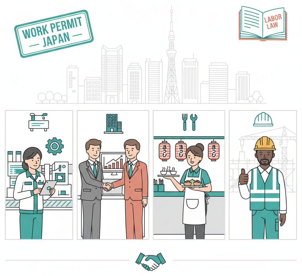 Diverse foreign workers in various Japanese workplaces including office, factory, and restaurant