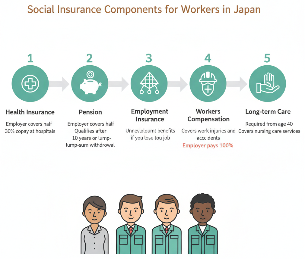 Flowchart showing the five components of social insurance for workers in Japan